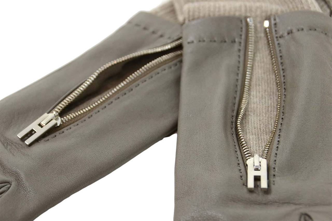 HERMES Grey Leather Gloves w/ Beige Cashmere Cuffs & H Zipper sz 6 1