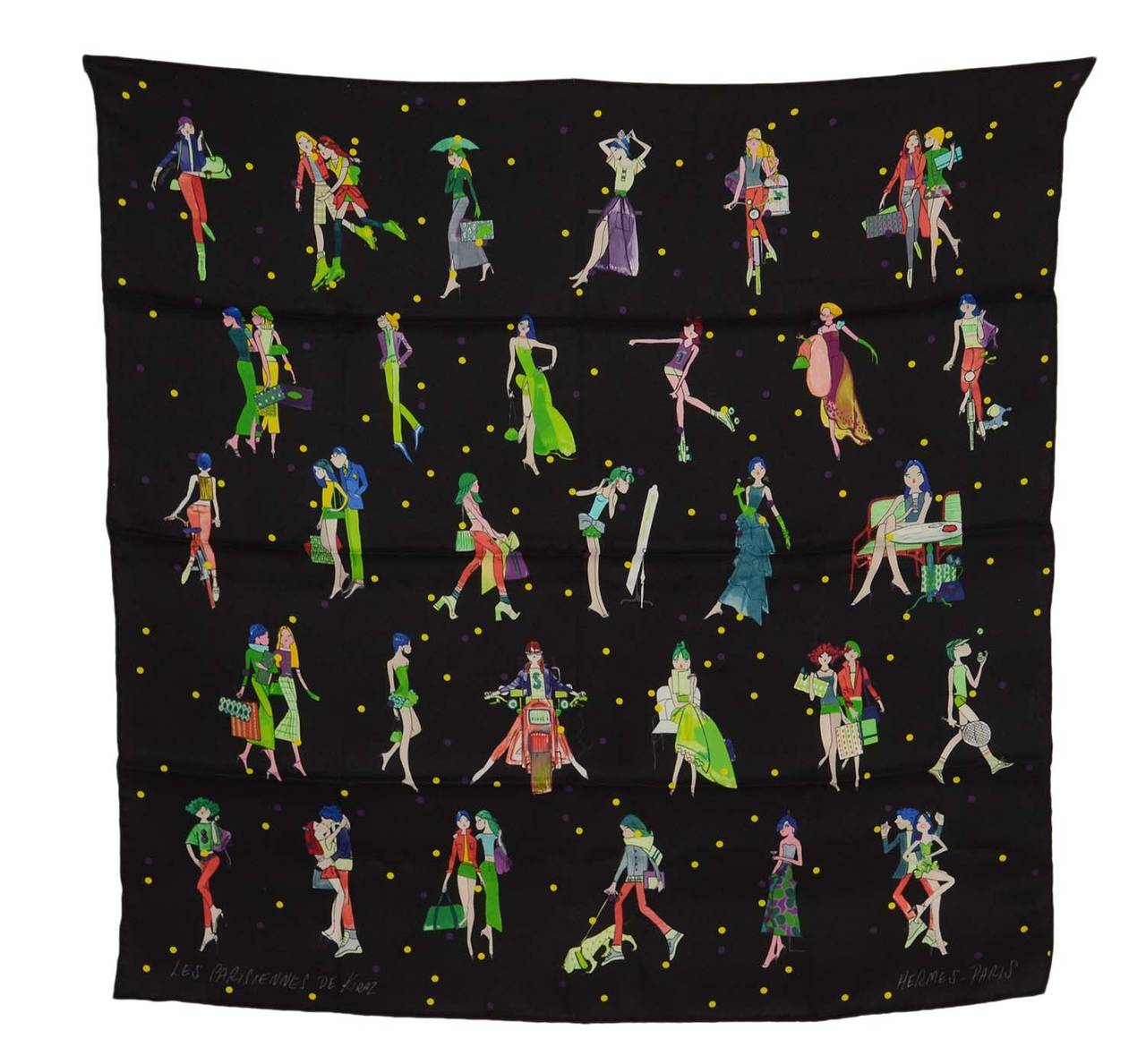 Features Parisian woman performing different actions (shopping, dancing, etc)

-Made in: France
-Color: Black with yellow, green, blue, red, and purple accents
-Composition:100% silk
-Tags: MADE IN FRANCE 100% SILK
-Current Retail: rt.