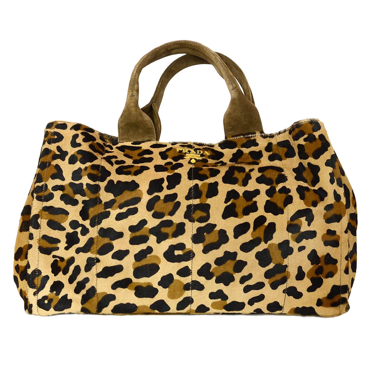 PRADA Brown & Black Leopard Print Pony Hair Tote Bag