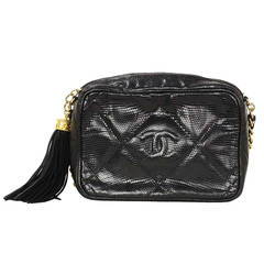 CHANEL '80s Vintage Black Lizard Quilted Camera Bag w/ Tassel GHW