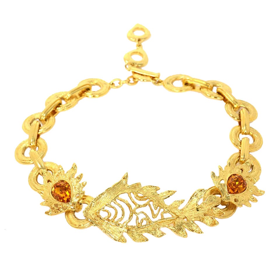 YSL YVES SAINT LAURENT Goldtone Fish Pendant Choker Necklace w/ Amber Stones