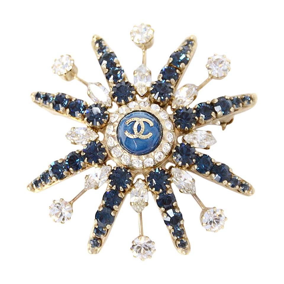 CHANEL 2010 Blue & Clear Crystal Starburst CC Pin Brooch