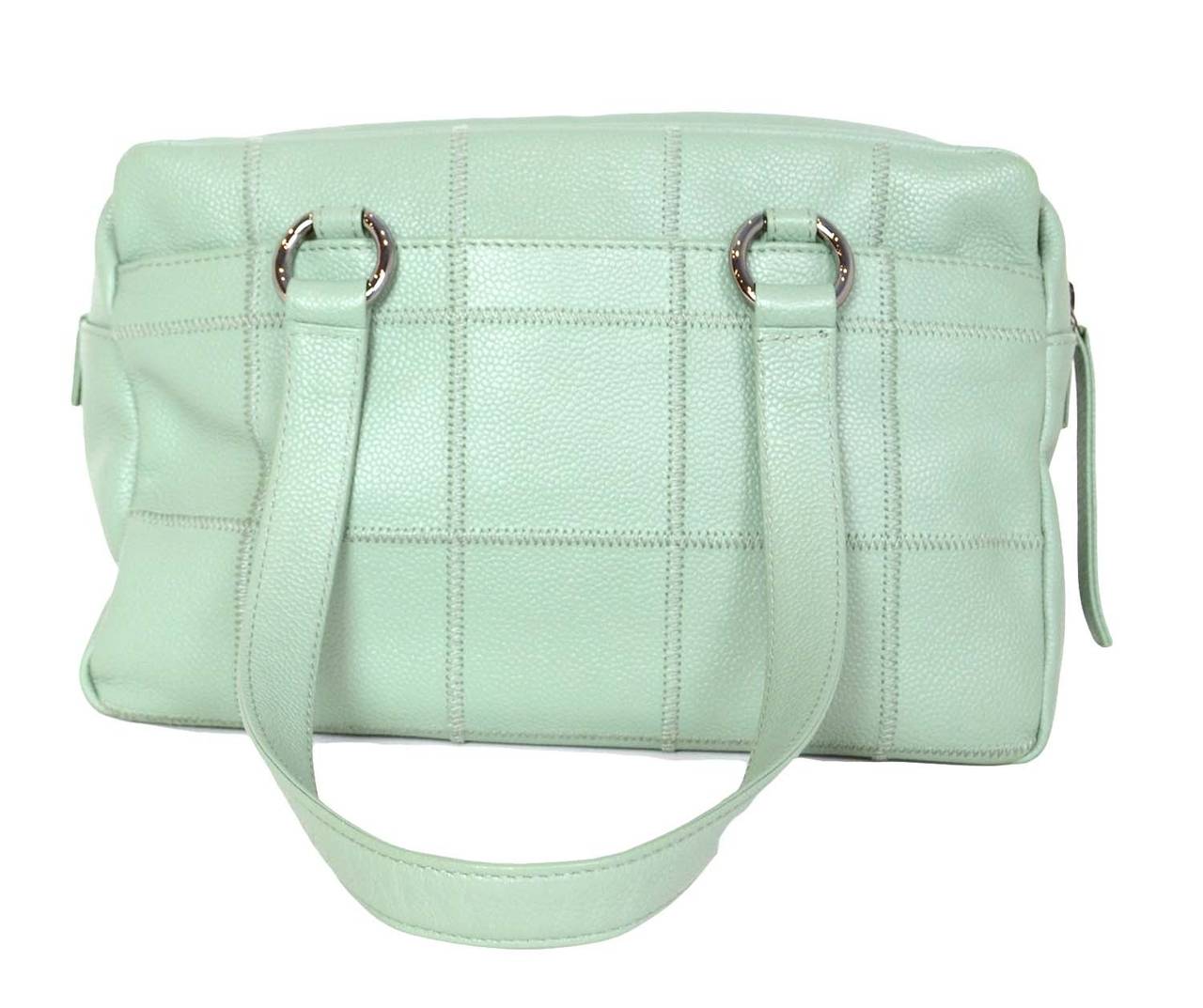 CHANEL Square Stitch Sea foam Green Caviar Leather Shoulder Bag In Excellent Condition In New York, NY