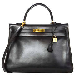 HERMES 1995 Vintage Black Box Leather 35cm Retourne Kelly Bag GHW