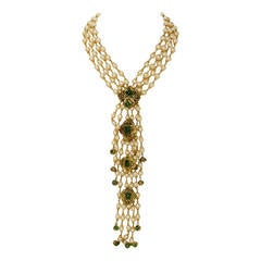 CHANEL '70s RARE 4 Strand Faux Pearl Necklace w/ Dripping Pearls & Green Gripoix 12