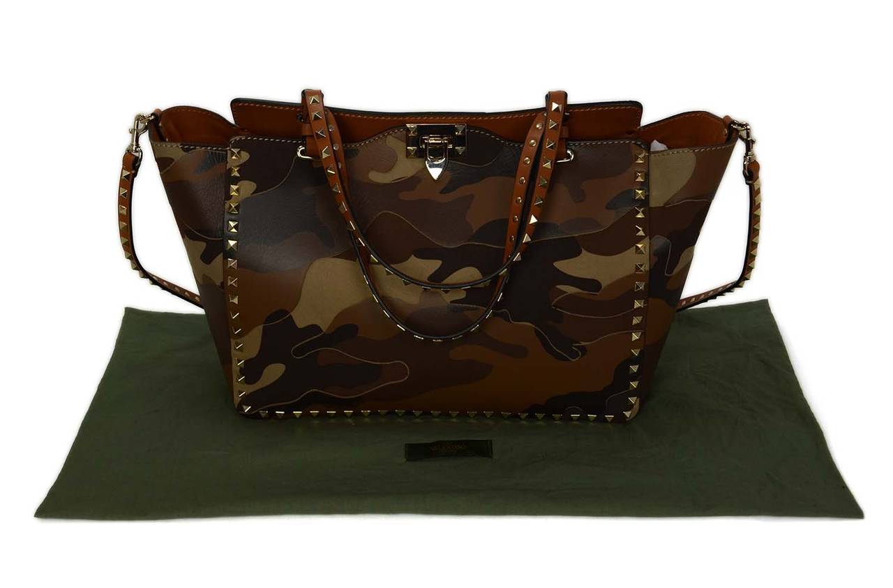 VALENTINO Tan Camouflage Leather/Canvas Patchwork Rockstud Tote Bag rt.$3, 475 3