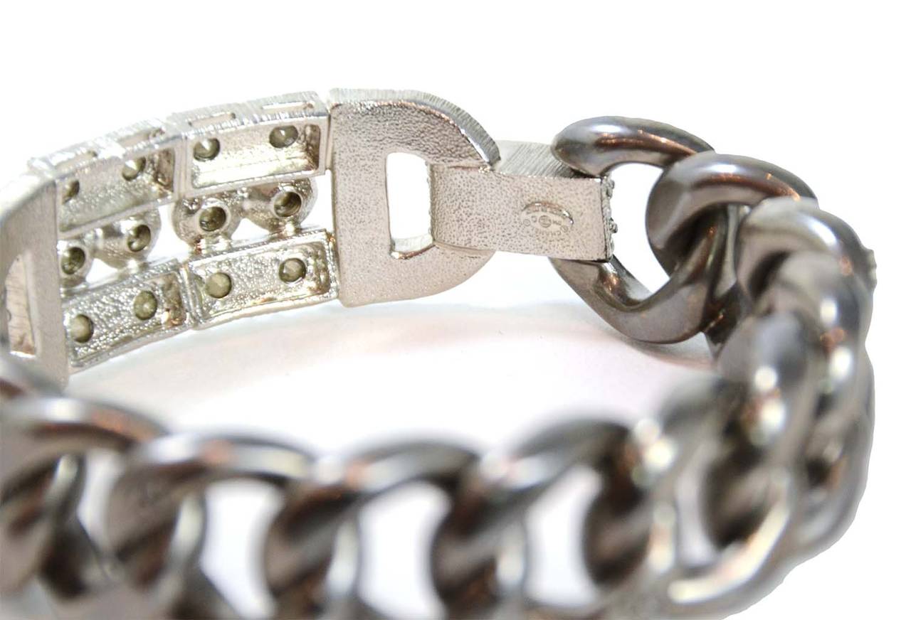 CHANEL '14 Brushed Gun Metal Chain-Link Bangle w/ Crystals In Excellent Condition In New York, NY