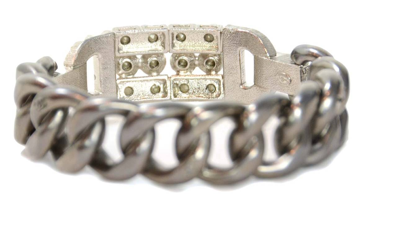 Women's CHANEL '14 Brushed Gun Metal Chain-Link Bangle w/ Crystals
