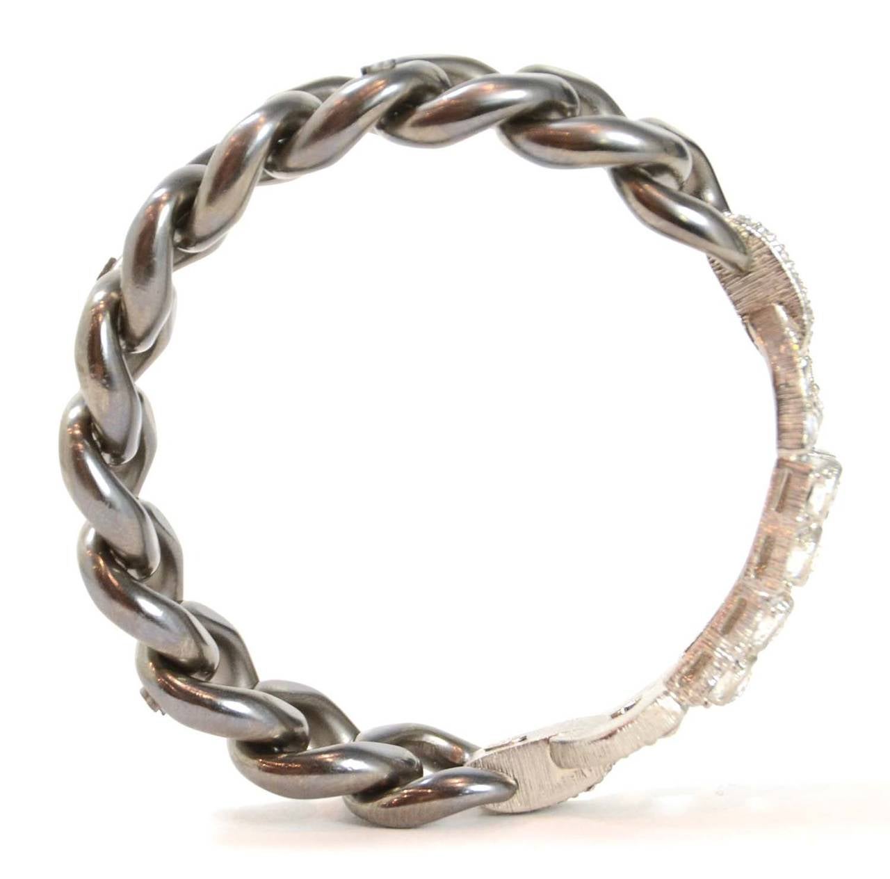 CHANEL '14 Brushed Gun Metal Chain-Link Bangle w/ Crystals 1