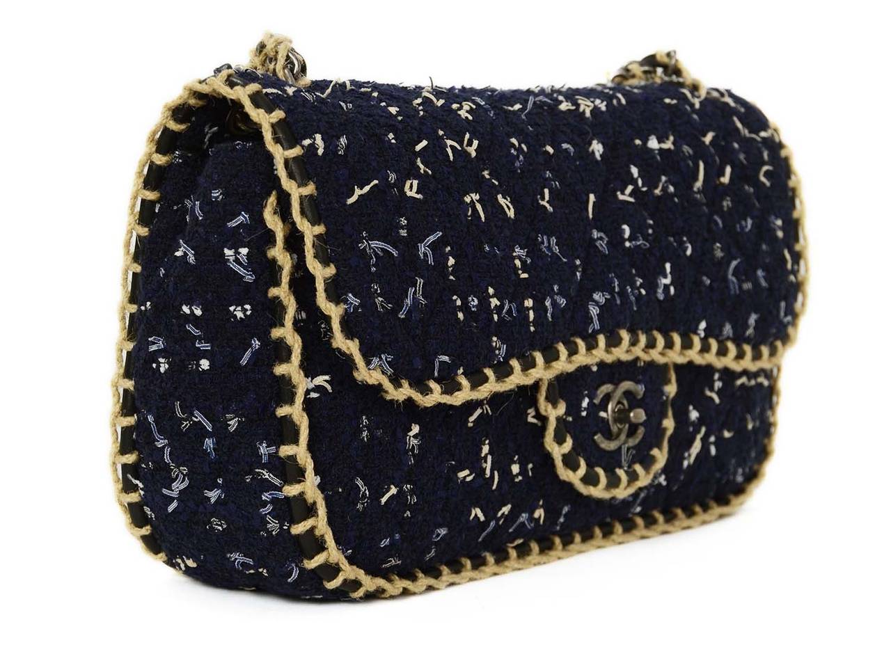 CHANEL Navy/Black Tweed Quilted Flap Bag w/ White Accents & Raffia Trim