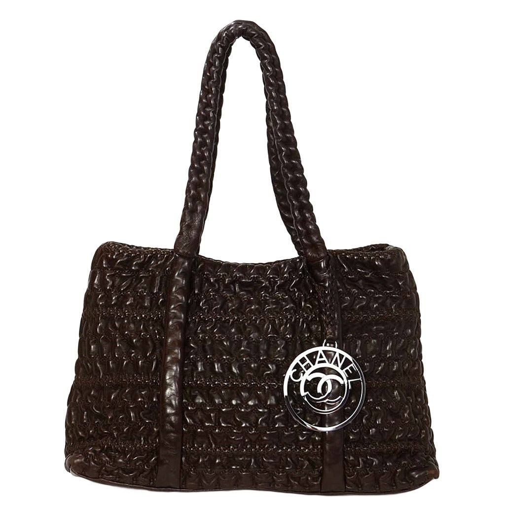 Chanel 2009 Brown Puckered Leather Bag with Covered Chain Straps & CC Medallion