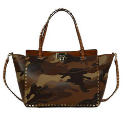 VALENTINO Tan Camouflage Leather/Canvas Patchwork Rockstud Tote Bag rt.$3, 475