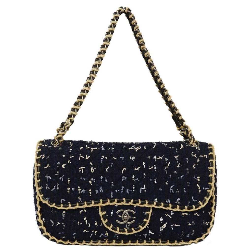 CHANEL Navy/Black Tweed Quilted Flap Bag w/ White Accents 
Raffia Trim