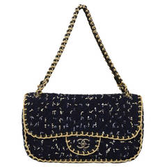 CHANEL Navy/Black Tweed Quilted Flap Bag w/ White Accents & Raffia Trim