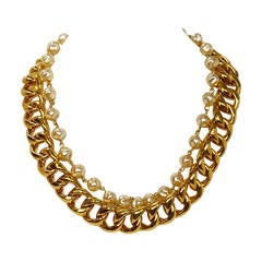 Chanel Vintage Goldtone Chain Link & Small Pearl Choker Necklace 5