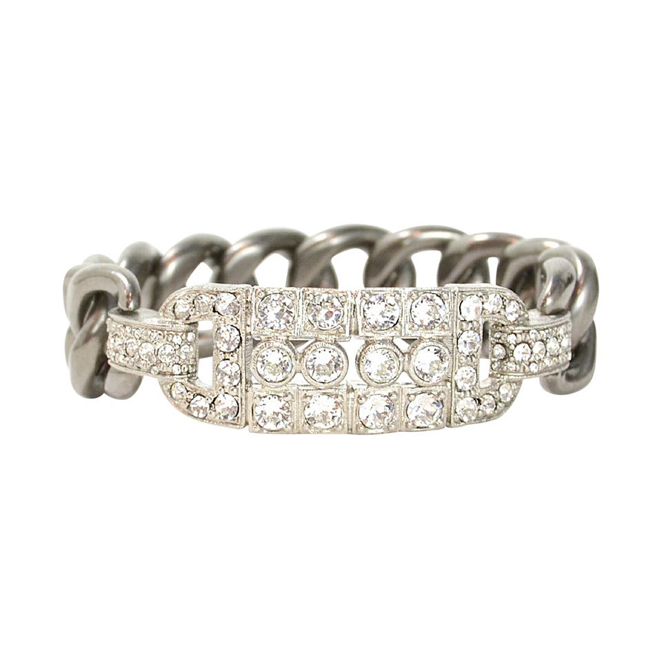 CHANEL '14 Brushed Gun Metal Chain-Link Bangle w/ Crystals