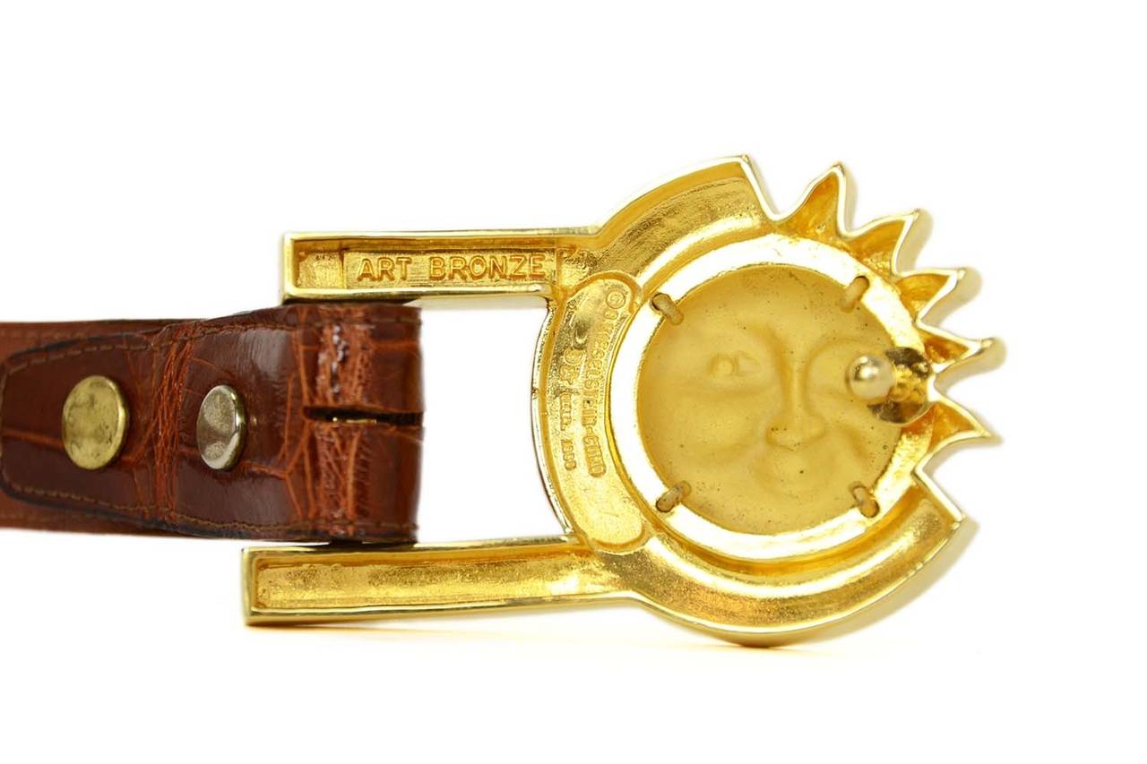 Women's or Men's B. KIESELSTEIN CORD Goldtone Sun Face Belt Buckle w. Brown Alligator Belt sz S