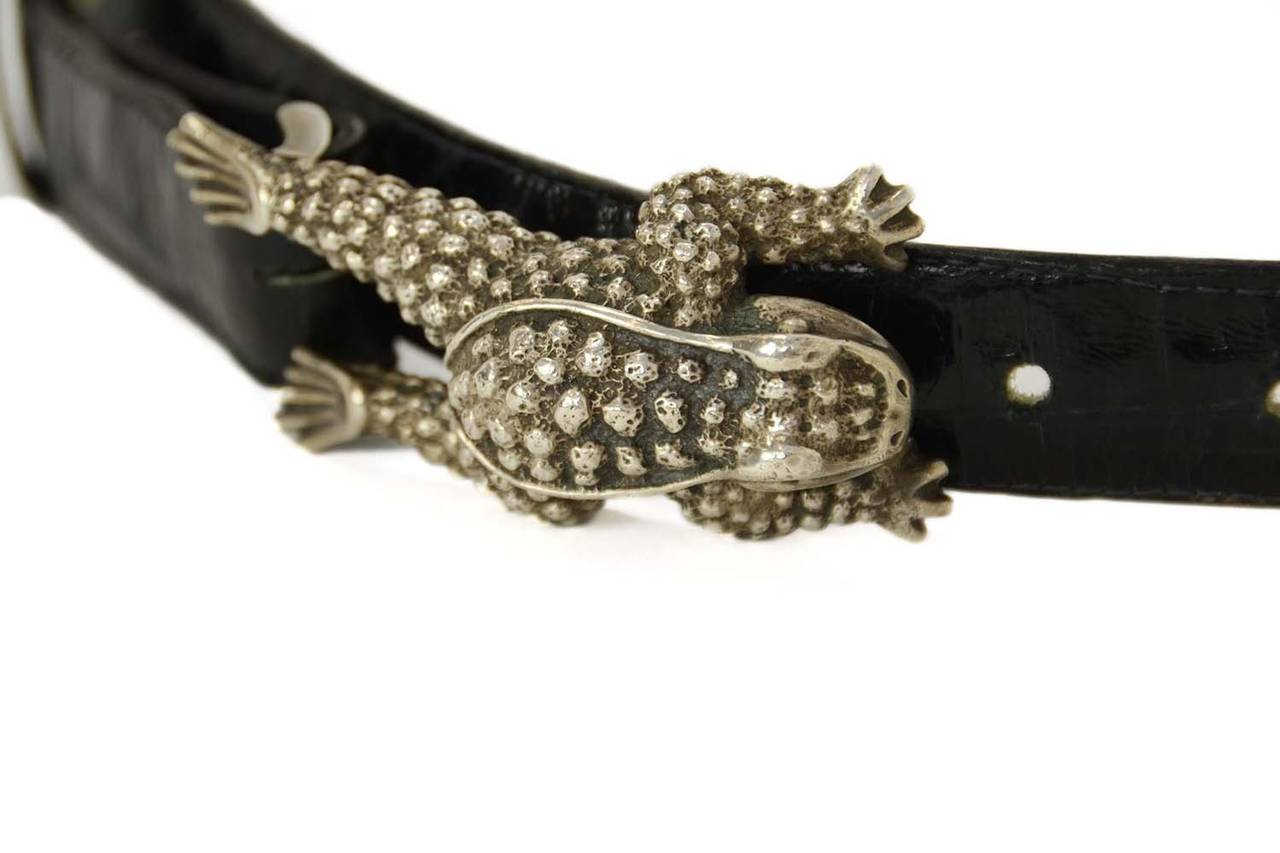 B. KIESELSTEIN CORD Sterling Silver Frog Belt Buckle w. Black Alligator Belt In Excellent Condition In New York, NY