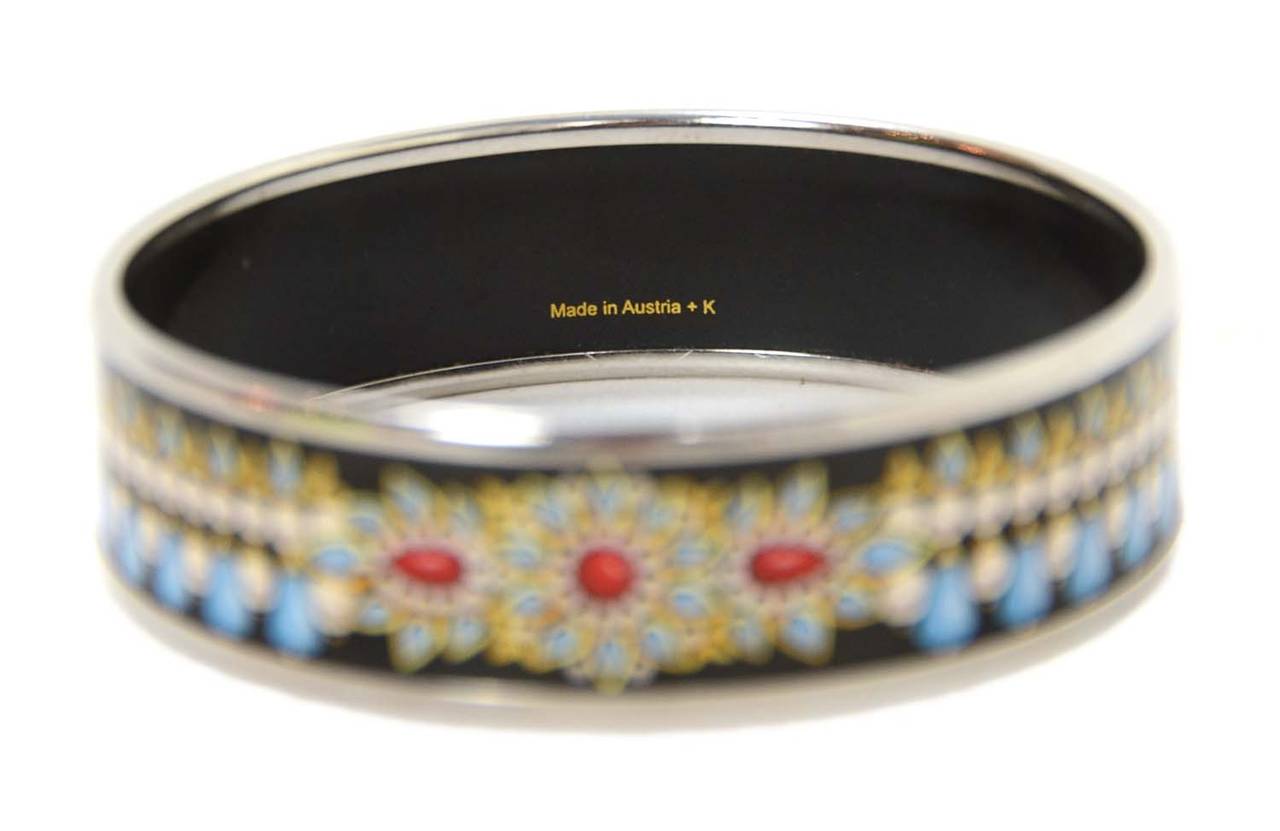 HERMES Black Enamel Bangle W/Blue and White Designs RT $635 In Excellent Condition In New York, NY
