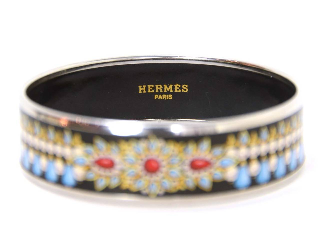 Women's HERMES Black Enamel Bangle W/Blue and White Designs RT $635
