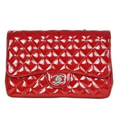 CHANEL Red Patent Leather Single Flap Jumbo Classic Bag c.2010