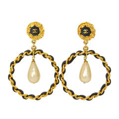 CHANEL Rare Vintage CC Leather Laced Hoop Earrings w/ Pearl Drop
