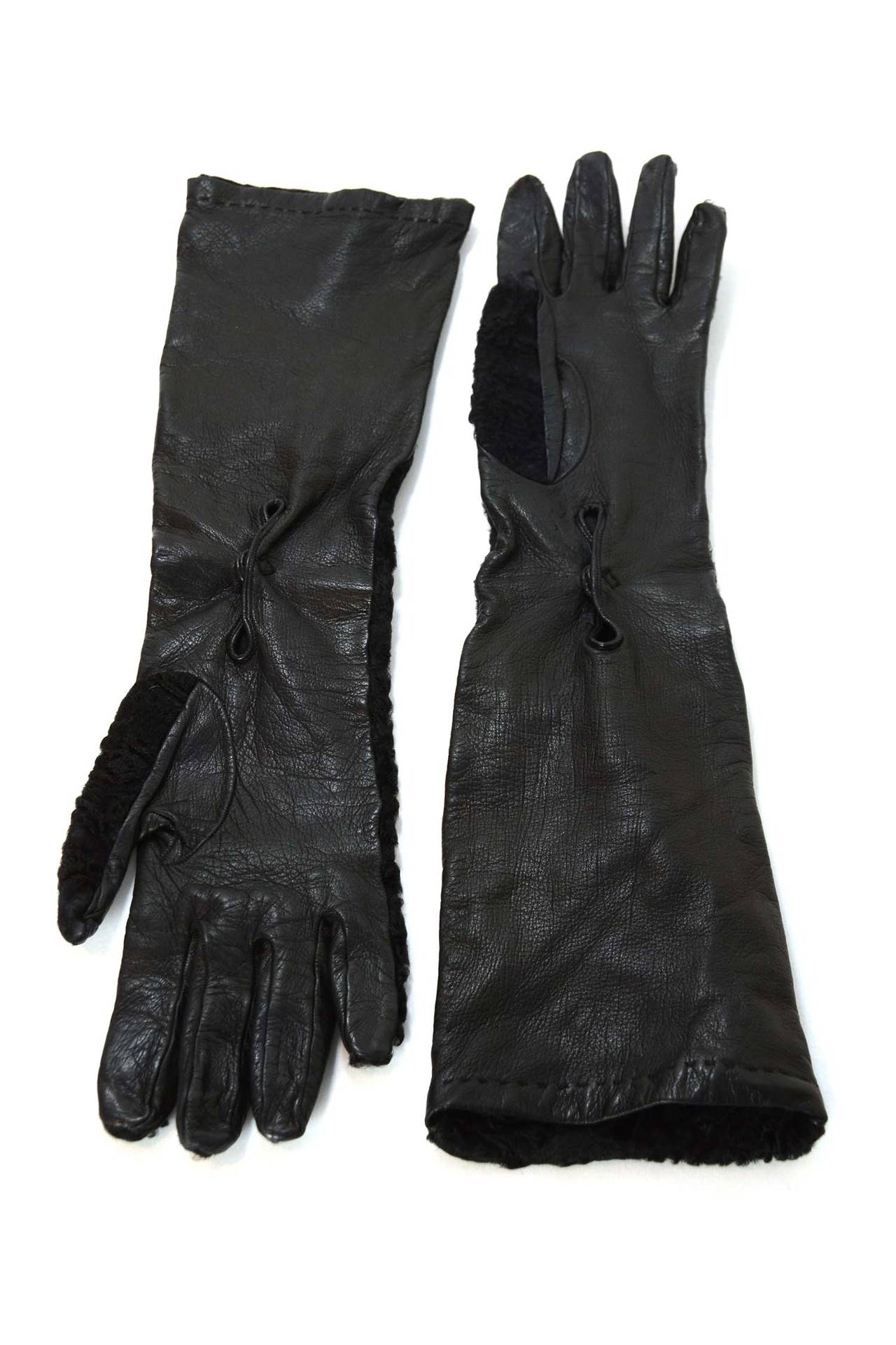 Prada Black Persian Lamb & Leather Long Gloves sz 7 In Excellent Condition In New York, NY