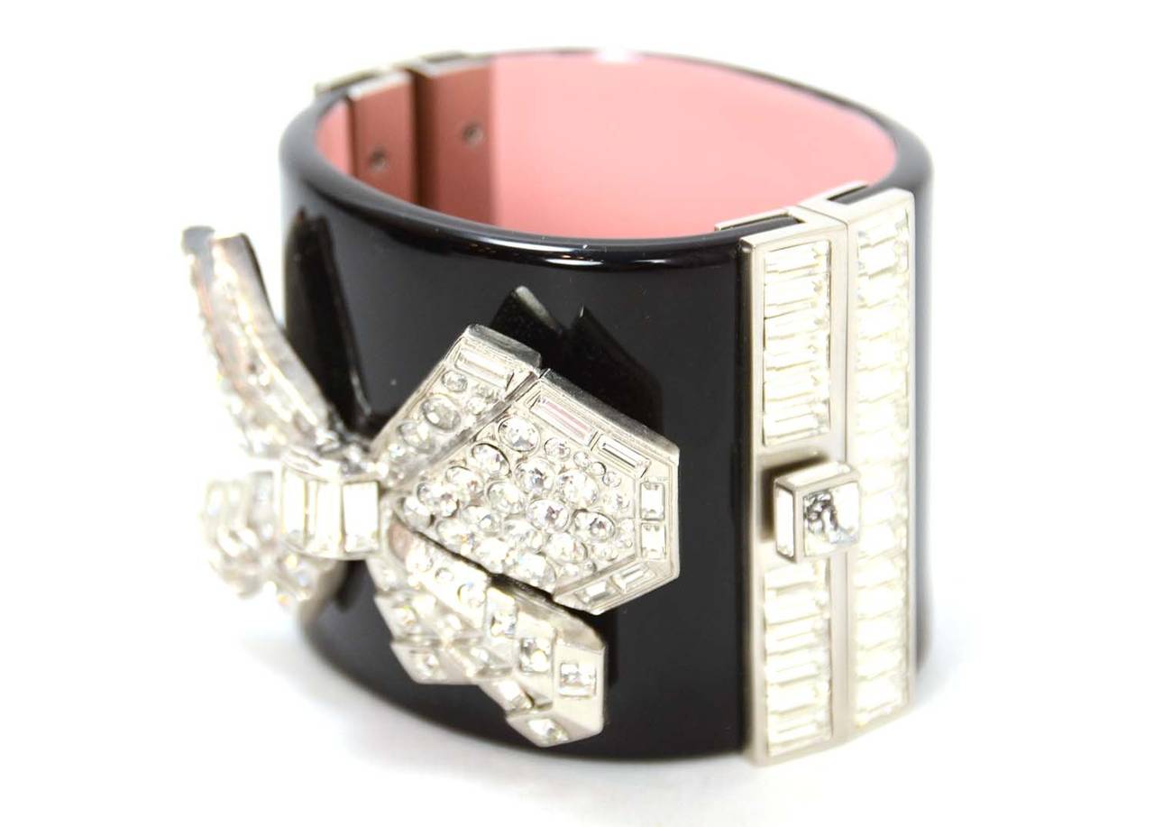 CHANEL 2014 Black Clamper Cuff Bracelet w/ Strass Crystal Bow at 