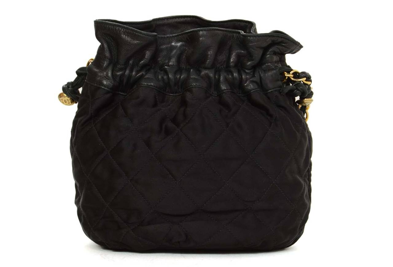 CHANEL 1988 Vintage Black Leather/Satin Quilted Drawstring Bag at