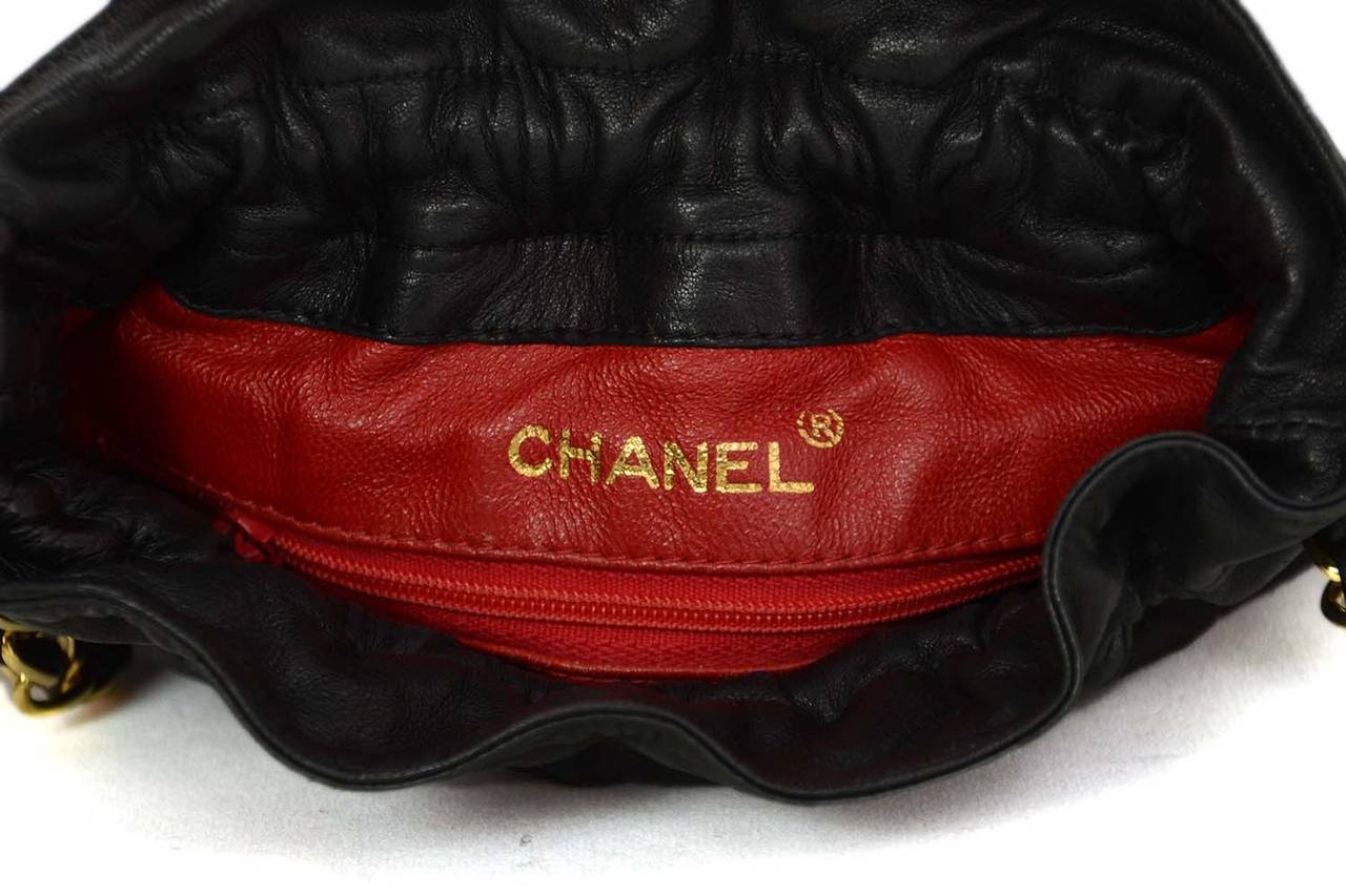 Women's CHANEL 1988 Vintage Black Leather/Satin Quilted Drawstring Bag