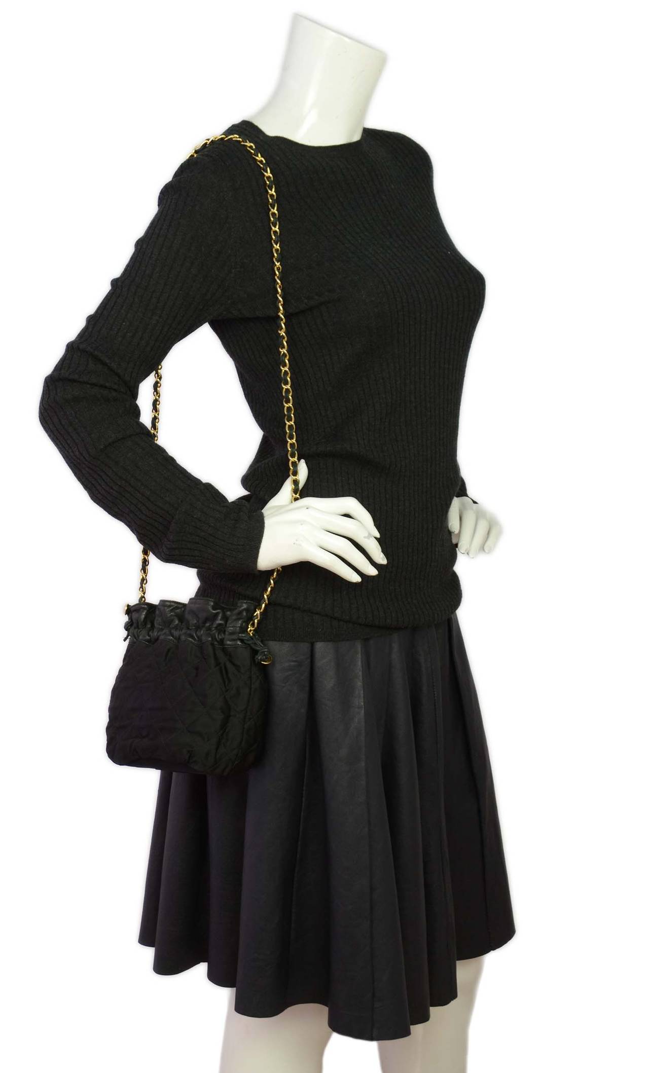 CHANEL 1988 Vintage Black Leather/Satin Quilted Drawstring Bag at