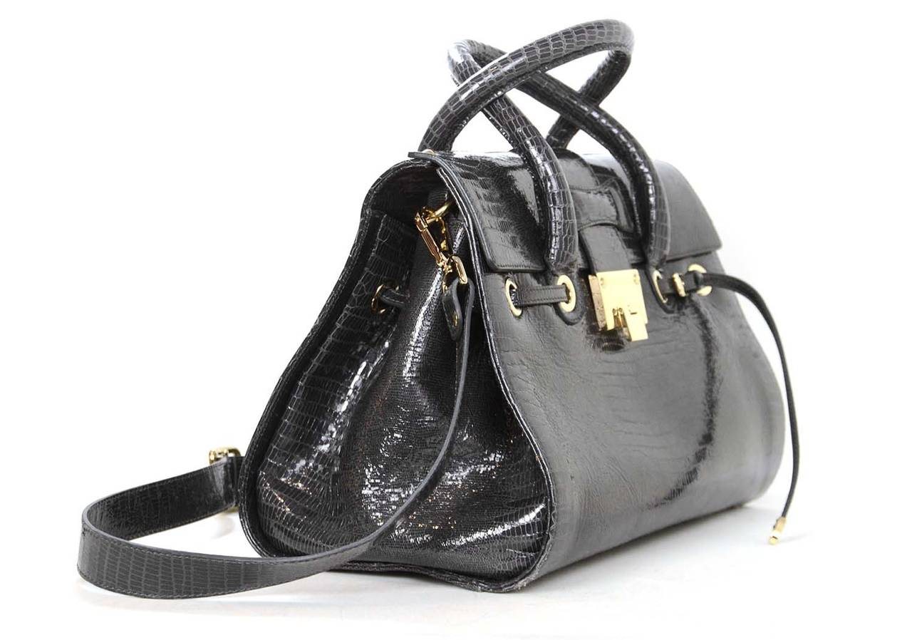 JIMMY CHOO Dark Grey Lizard Embossed Rosalie Satchel Bag w/ Crossbody Strap