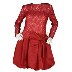 VALENTINO Red Lace Longsleeve Cocktail Dress w/ Silk Bubble Skirt & Bow