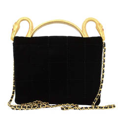 Vintage CHANEL Rare Black Quilted Velvet Evening Bag w/ Gold Dragon Handle & Chain