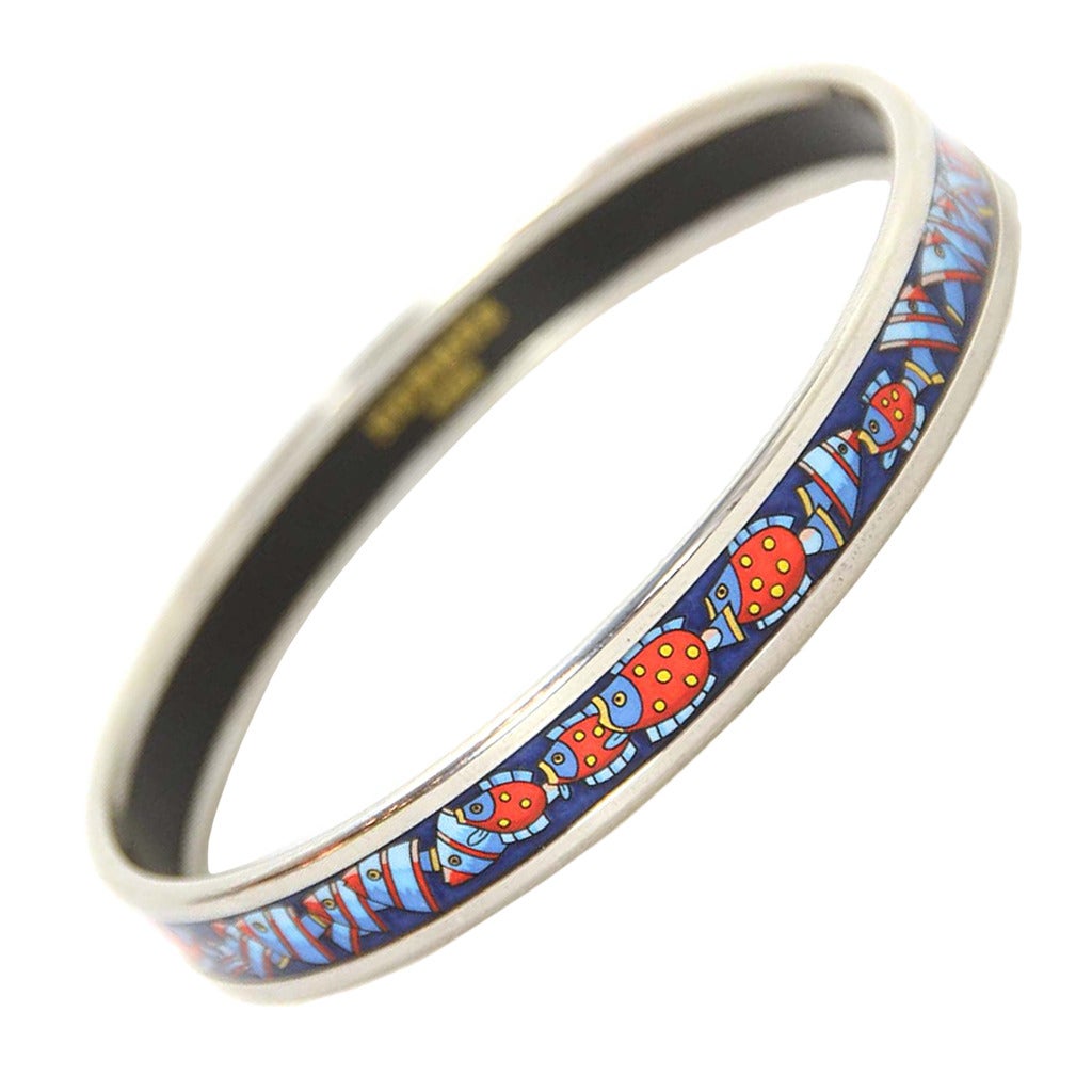 HERMES Blue Thin Enamel Bangle With Red Fish RT $525