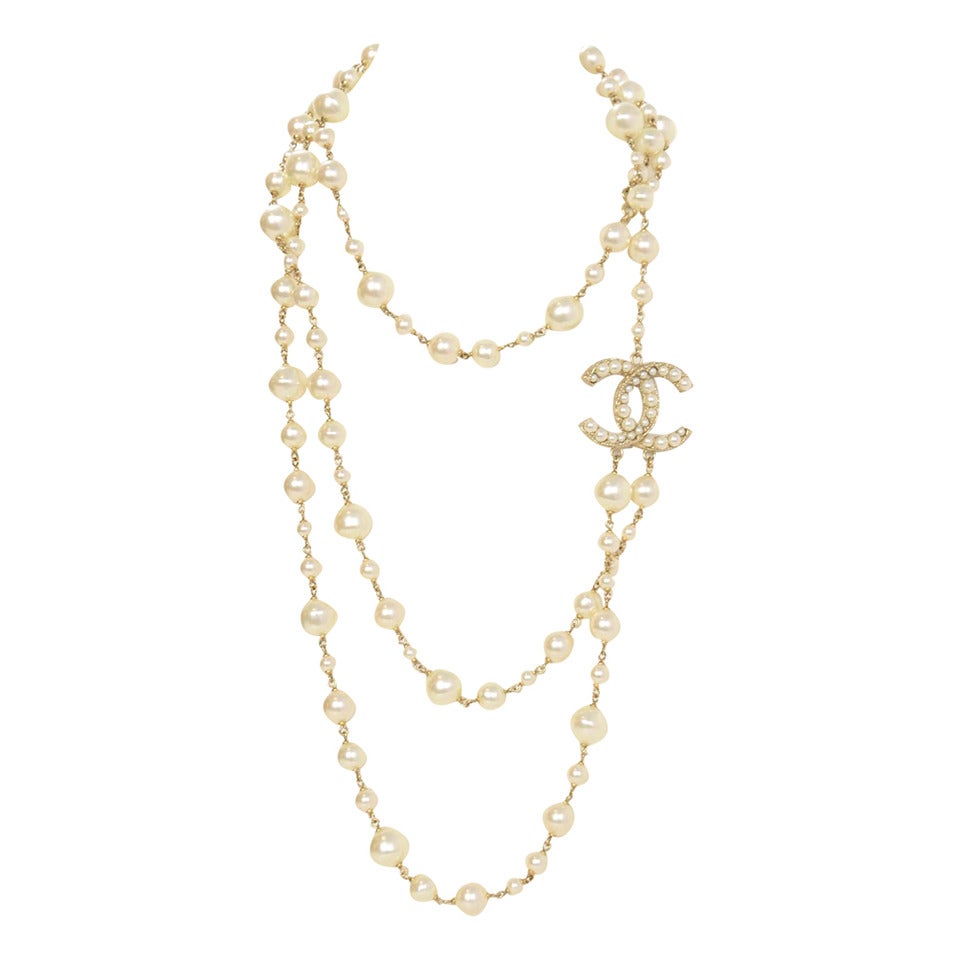 CHANEL 2011 XLong Double Strand Faux Pearl Necklace w/ CC at 1stDibs