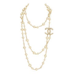 CHANEL 2011 X-Long Double Strand Faux Pearl Necklace w/ CC