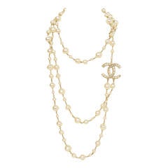 CHANEL 2011 X-Long Double Strand Faux Pearl Necklace w/ CC