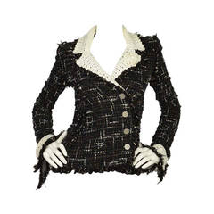CHANEL Black and White Tweed Jacket W. White Crochet Trim sz.38