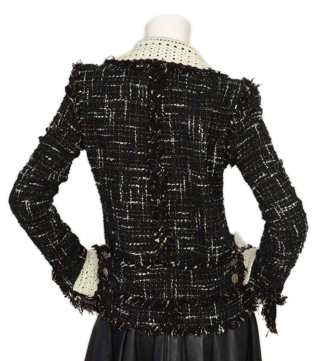 CHANEL Black and White Tweed Jacket W. White Crochet Trim sz.38 In Good Condition In New York, NY