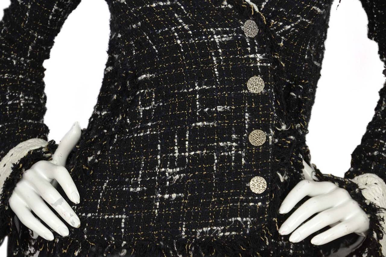 Women's CHANEL Black and White Tweed Jacket W. White Crochet Trim sz.38