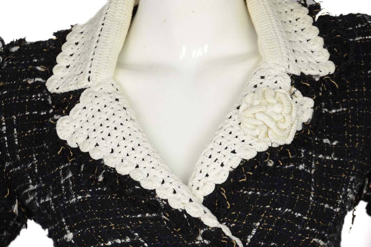 CHANEL Black and White Tweed Jacket W. White Crochet Trim sz.38 1