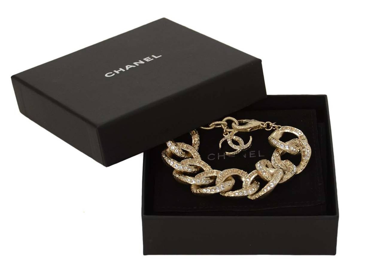 Women's CHANEL 2015 Goldtone Champagne/Clear Crystal Rhinestone Link Bracelet w/ CC