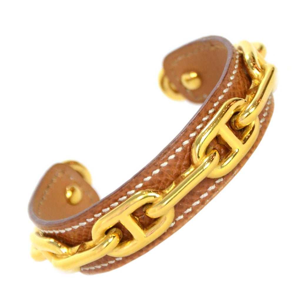 HERMES Tan Leather Cuff W/Goldtone Chaine D'ancre Links