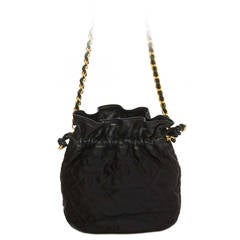 CHANEL 1988 Vintage Black Leather/Satin Quilted Drawstring Bag