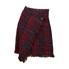 CHANEL Red/Blue Tweed Plaid Wrap Skirt w. Fringe Trim sz.38