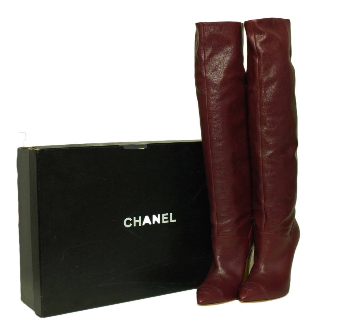 CHANEL Burgundy Caviar Leather Tall Boots sz 39.5 1