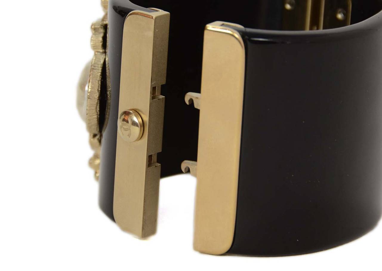 CHANEL Black Resin Clamper Cuff W/ Pearl & Rhinestone Detail In Excellent Condition In New York, NY