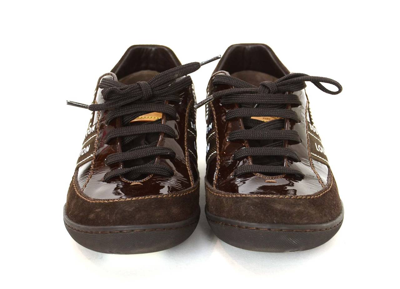 LOUIS VUITTON Brown Patent Leather & Suede Sneakers sz 37.5