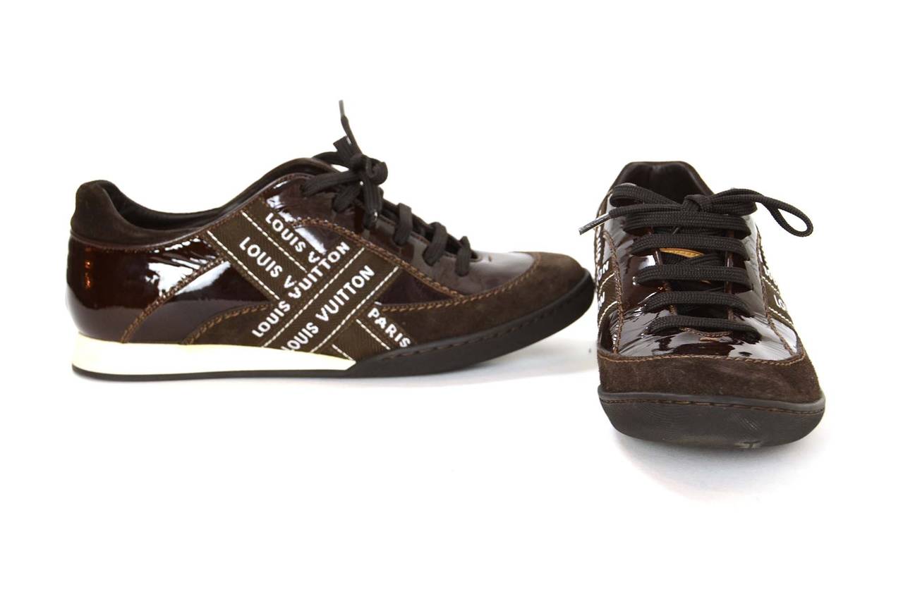 LOUIS VUITTON Brown Patent Leather & Suede Sneakers sz 37.5 1